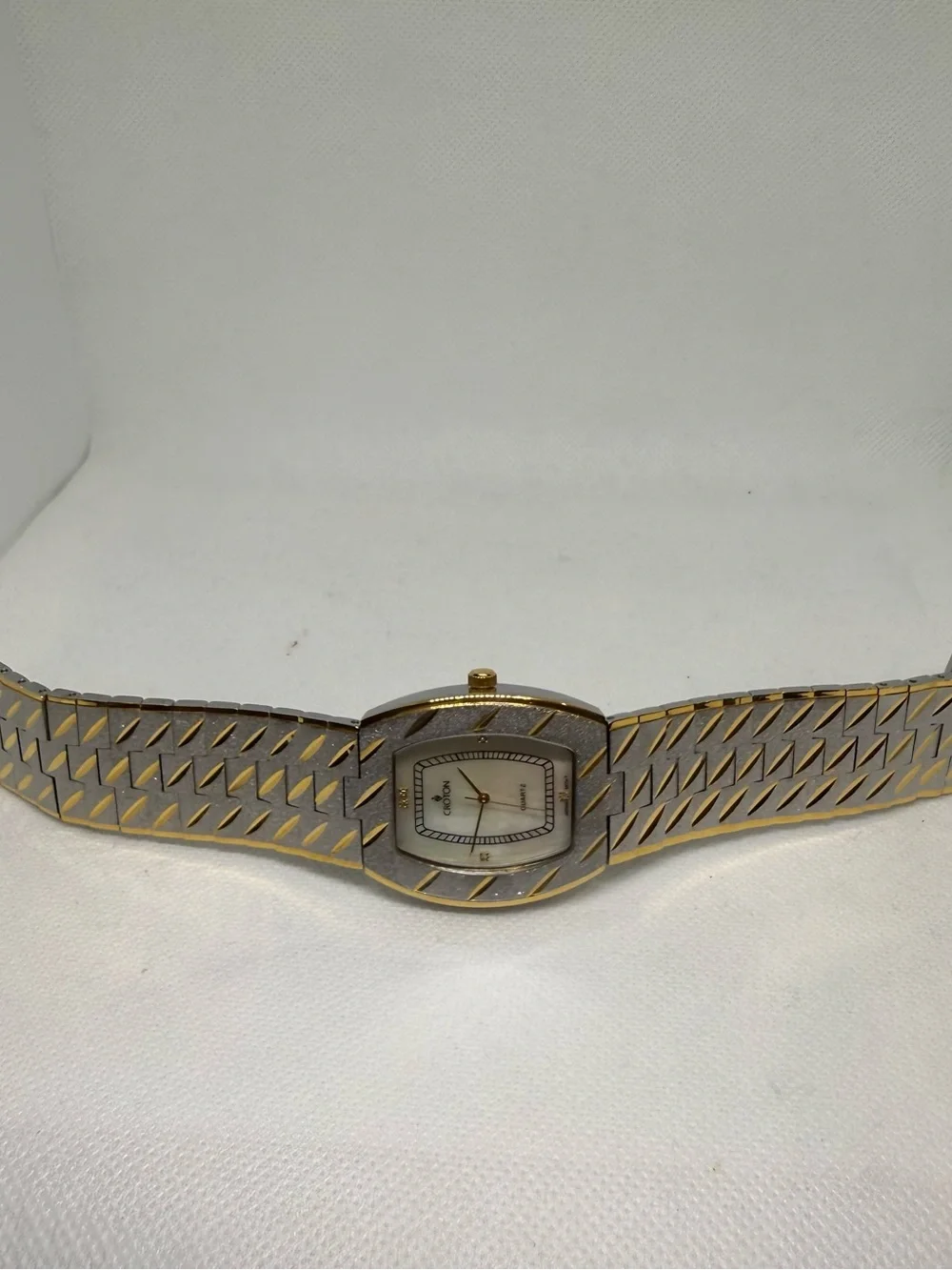 Croton Two-Tone Gold and Silver Rectangular Mother-of-Pearl CZ Diamonds Watch